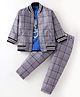 Rikidoos Full Sleeves Distorted Checked Jacket & Pant Set With Typography Printed Tee - Grey & Royal Blue