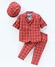 Rikidoos Full Sleeves Checked Blazer Bow Applique Detailed Tee & Pant Set With Cap - Rust & Melange
