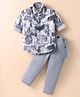 Rikidoos Full Sleeves Abstract Printed Shirt & Pant Set With Bow & Suspender - Grey