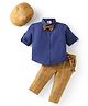 Rikidoos Full Sleeves Checked Shirt & Pant Set With Bow Suspender & Cap - Blue & Khaki