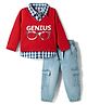 Babyhug Single Jersey Knit Full Sleeves Checkered Polo T-Shirt & Jeans Set with Genius Print - Red & Blue