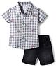 Simply Premium Poplin Knit Half Sleeves Checkered Shirt & Denim Shorts Set with Car Print - Grey & Black