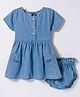 Simply Premium Half Sleeves Denim Frock With Floral Embroidery & Bloomer - Blue