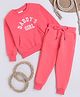 Knitting Doodles Fleece Woven Full Sleeves Daddys Girl Text Embroidered Winter Sweatshirt With Jogger Set - Pink