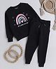 Knitting Doodles Fleece Woven Full Sleeves Rainbow & Heart Printed Winter Sweatshirt & Jogger Set - Black