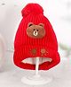 Yellow Bee Wool Knit Teddy Applique Detailed Beanie Cap - Red - Circumference 36 Cms