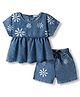 Bonfino 100% Cotton Woven Half Sleeves Top & Shorts Set with Floral Print - Blue