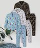 3PIN Cotton Knit Pack Of 3 Full Sleeves Space Theme & Typography Printed Coordinating Night Suit Set - Multi Colour