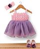 Enfance Sleeveless Applique Detailed Colour Blocked Knee Length Dress With Headband & Booties Set - Peach