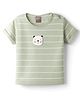 Little Kangaroos Knitted Half Sleeves Striped T-Shirt with Tiger Applique - Light Green