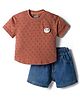Little Kangaroos Knit Half Sleeves Panda Applique T-Shirt & Shorts Set - Brown