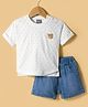 Little Kangaroos Knit Half Sleeves T-Shirt & Shorts Set with Tiger Applique - White