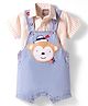 Little Kangaroos Denim Knit Dungaree with Half Sleeves Inner Shirt Monkey Patch Detailing & Stripes - Light Blue