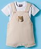 Little Kangaroos Denim Knit Dungaree with Half Sleeves Striped Inner Tee & Bear Applique - Tan
