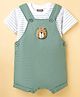 Little Kangaroos Denim Knit Dungaree with Half Sleeves Striped Inner Tee & Bear Applique - Light Green