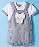 Little Kangaroos Denim Knit Dungaree With Half Sleeves Inner Tee & Animal Patch - White & Grey