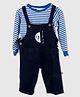 PURPLE UNITED KIDS Terry Woven Hot Air Balloon Printed Dungaree With Full Sleeves Striped Tee - White & Dark Blue