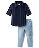 Babyhug Cotton Woven Full Sleeves Striped Shirt & Denim Jeans Set - Navy Blue