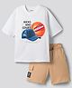 Primo Gino 100% Cotton Knit Drop Shoulder Half Sleeves Color Block Digital Printed T-Shirt & Cargo Shorts Set - White & Beige