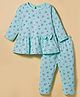 Tango Single Jersey Knit Full Sleeves Night Suit with Floral Print & Bow Applique - Aqua Blue
