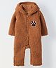 Spunkies Cotton Knit Full Sleeves Animal Paw Patch Detailed Hooded Romper - Brown
