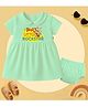 The Peppy Tend 100% Cotton Knit Family Theme Half Sleeves Buas Little Rockstar Text Printed Peter Pan Collar Dress With Bloomer - Sea Green