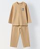 Spunkies Cotton Rib Knit Full Sleeves Teddy Bear Badge Detailed Winter Sweatshirt & Trouser Set - Beige