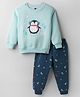 Teddy Fleece Knit Full Sleeves Winter Wear Suit with Penguin Graphic - Light Blue