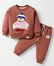 Teddy Fleece Knit Full Sleeves Winter Wear Suit with Bear Print & Patch Detailing - Brown
