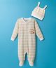Wonderchild Full Sleeves Striped & Mom & Dad Me Text   Embroidered Sleepsuit With Cap - Light Biege