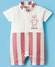 Wonderchild Half Sleeves Placement Striped & Teddy Bear Embroidered Romper - Dull White