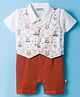 Wonderchild Half Sleeves Animals Printed Romper With Attached Waistcoat - White & Brown