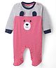 Wonderchild Full Sleeves Striped & Bear Face Designed Footed Sleepsuit - Grey & Red