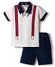 Wonderchild Half Sleeves Suspender Straps Embroidered Shirt With Shorts Set - Dull White & Navy Blue