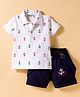 Wonderchild Half Sleeves Anchor Printed Polo Tee & Shorts Set With Suspender - White & Navy Blue