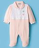 Wonderchild Full Sleeves Butterfly Applique Detailed Floral Embroidered Footed Sleepsuit - Peach