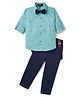 Robo Fry Cotton Woven Full Sleeves Hot Air Balloon Printed Party Shirt & Pant Set with Bow & Suspender - Teal Blue