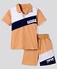 Primo Gino 100% Cotton Knit Half Sleeves Color Block Printed Polo T-Shirt & Cargo Shorts Set - Beige Navy Blue & White