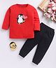 blushh berry Cotton Knit Full Sleeves Penguin Printed Top With Pant Set - Red