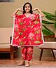 FlyFinns Cotton Woven Half Batwing Sleeves Floral Printed Kaftan Kurti & Pant Set - Red