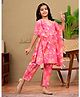 FlyFinns Cotton Woven Half Batwing Sleeves Floral Printed Kaftan Kurti & Pant Set - Pink