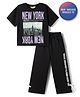 Primo Gino 100% Cotton French Terry Knit Drop Shoulder Half Sleeves Oversized T-Shirt & Pant Set with New York Print - Black