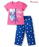 Honeyhap Premium 100% Cotton Knit Half Sleeves Night Suit With Heart Print - Carmine Rose & Blue Quartz