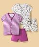 OHMS Single Jersey Knit Half Sleeves T-Shirt & Shorts Night Suits with City Print & Stripes Pack of 2 - Purple & White