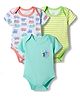 OHMS Single Jersey Knit Half Sleeves Onesies with Striped Car & Animal Print Pack of 3 - Green White & Blue