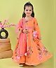 Fashion Totz Chanderi Woven Full Sleeves Floral Printed Gota Lace Embellished Anarkali With Attached Dupatta - Pink & Orange