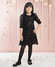 Ministitch Mesh Woven Half Puffed Sleeves Sequins &  Glitter Embellished Floral Designed Midi Dress - Black