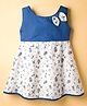 Dew Drops Cotton Woven Sleeveless Frock with Floral Print & Bow Applique - Blue
