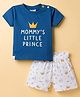 First Smile Sinker Knit Half Sleeves T-Shirt with Side Button & Shorts Set with Text Print - Navy Blue & White