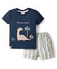 First Smile Interlock Knit Half Sleeves T-Shirt & Striped Shorts Set With Animal Embroidery - Navy Blue